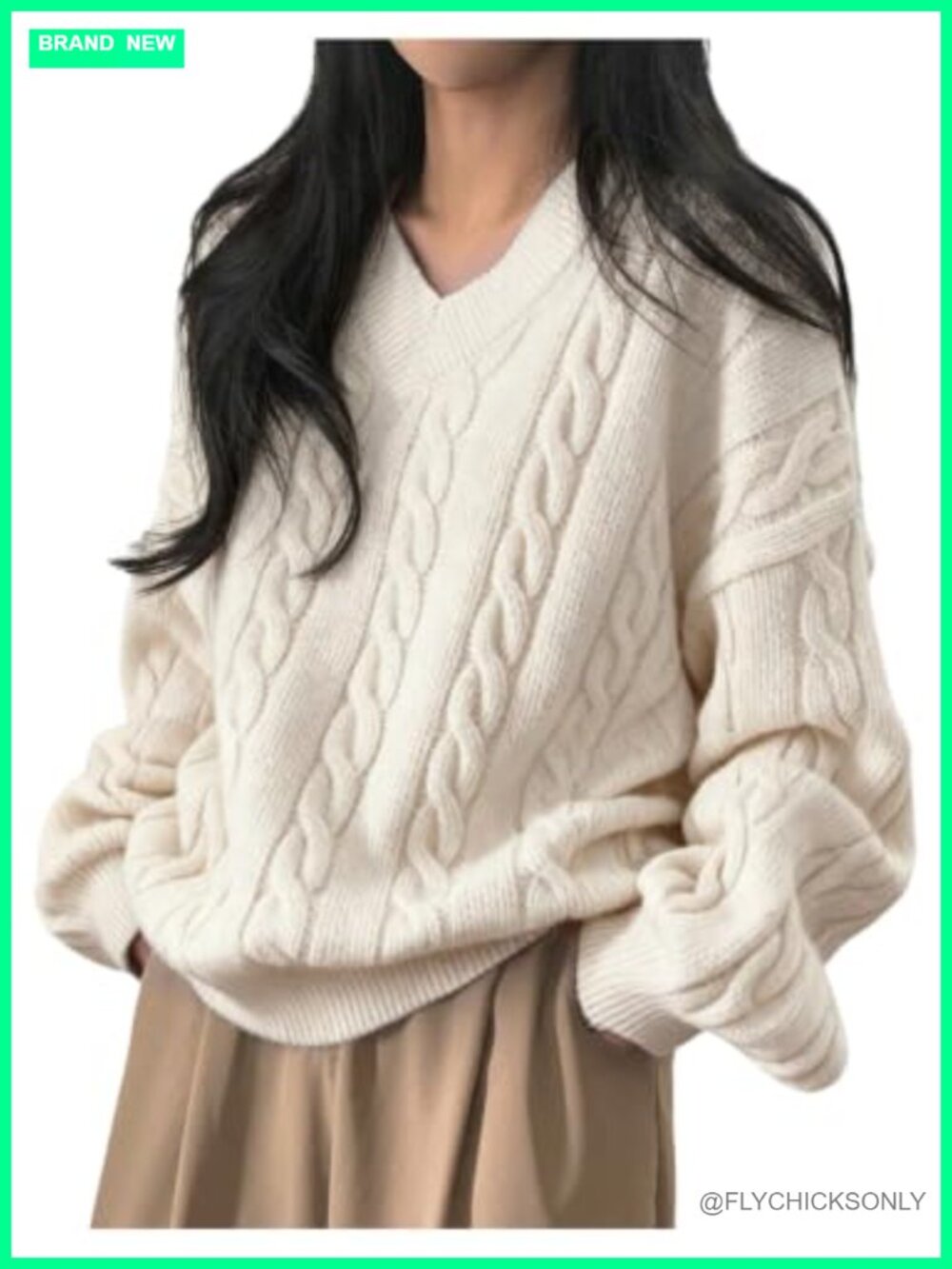 Cable Knit Sweater Oversized V Neck Pullover Long Sleeve Loose Fit
